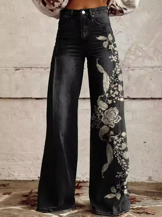 Marla | Noir Bloom Weite-Hose mit Stickerei
