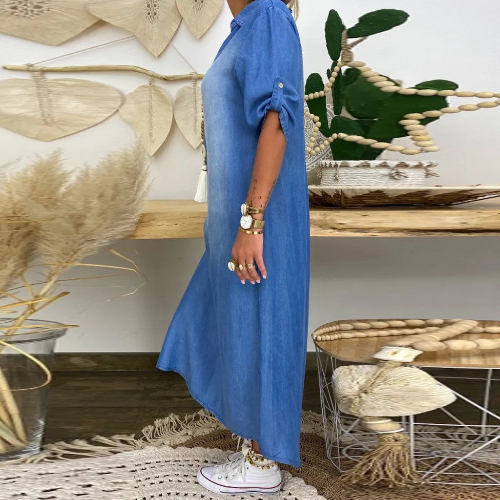 Lea | Langes Kleid im Jeanslook mit Seitenschlitz