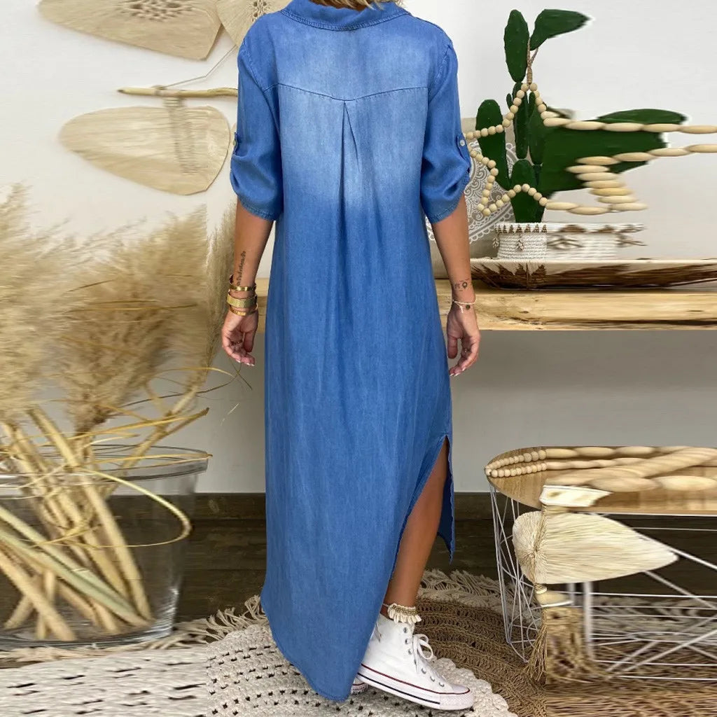 Lea | Langes Kleid im Jeanslook mit Seitenschlitz