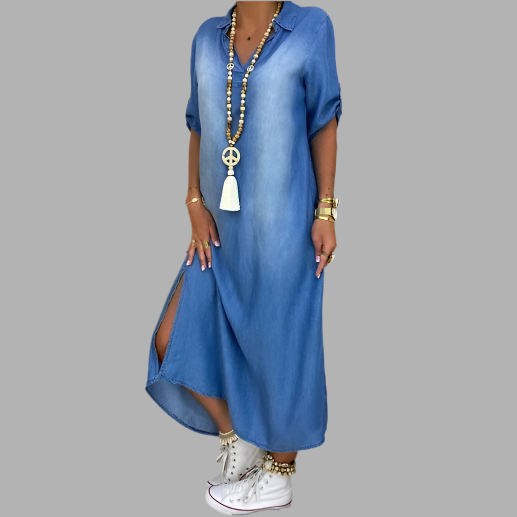 Lea | Langes Kleid im Jeanslook mit Seitenschlitz