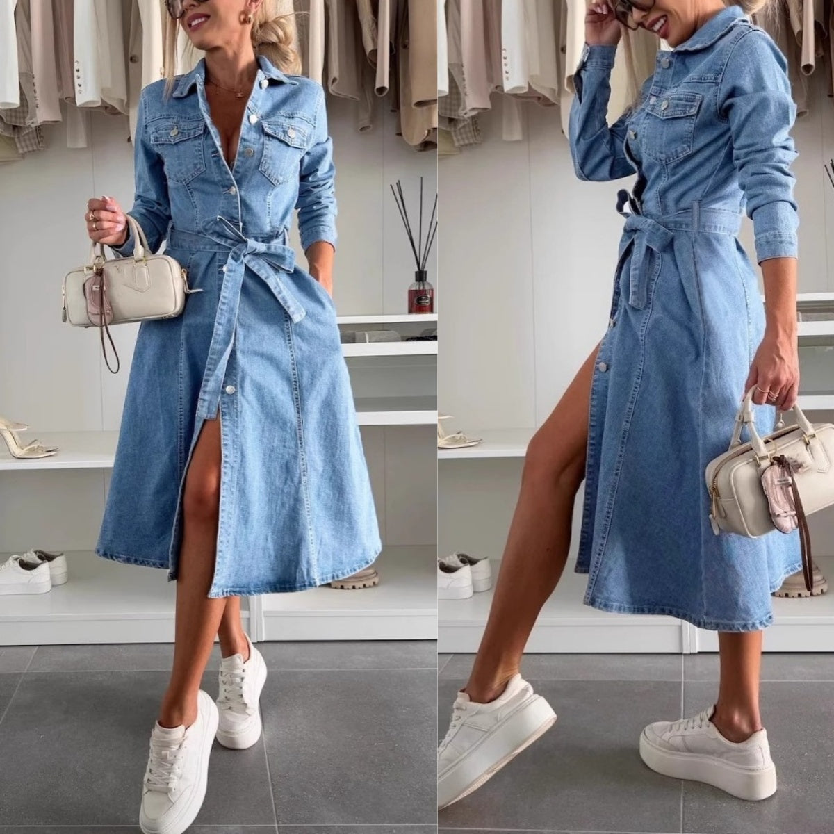 Emily | Maxi Denim Kleid Lange Ärmel