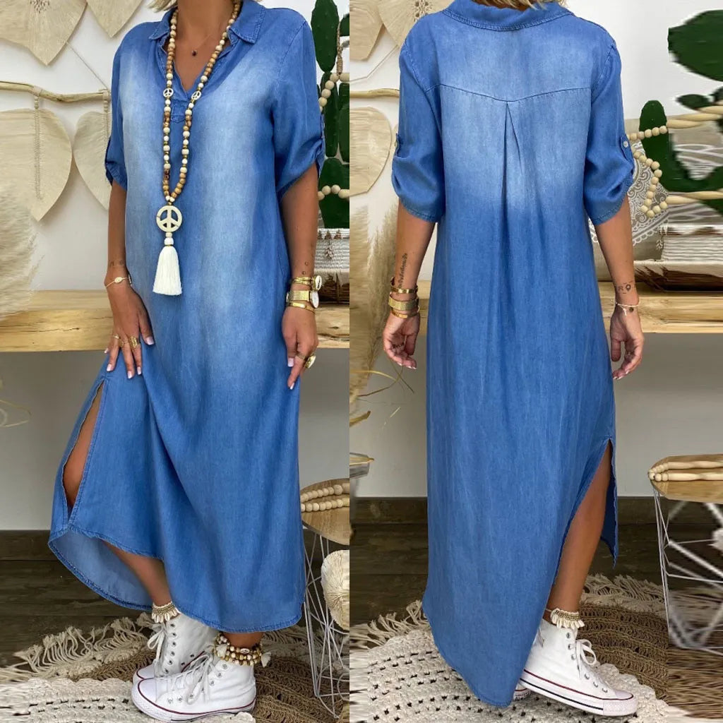 Lea | Langes Kleid im Jeanslook mit Seitenschlitz