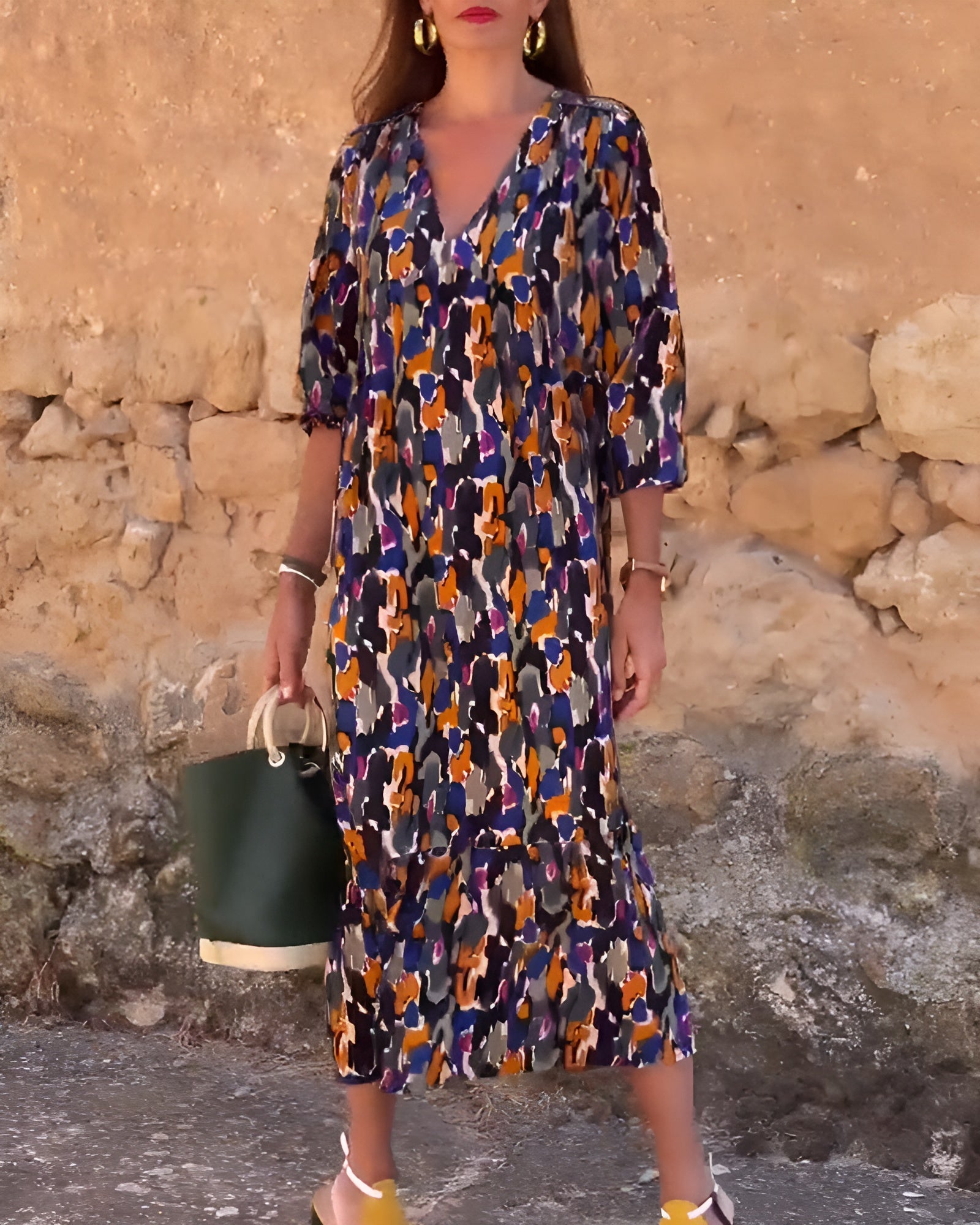 Nathalie | Retro-Druck V-Ausschnitt Kleid
