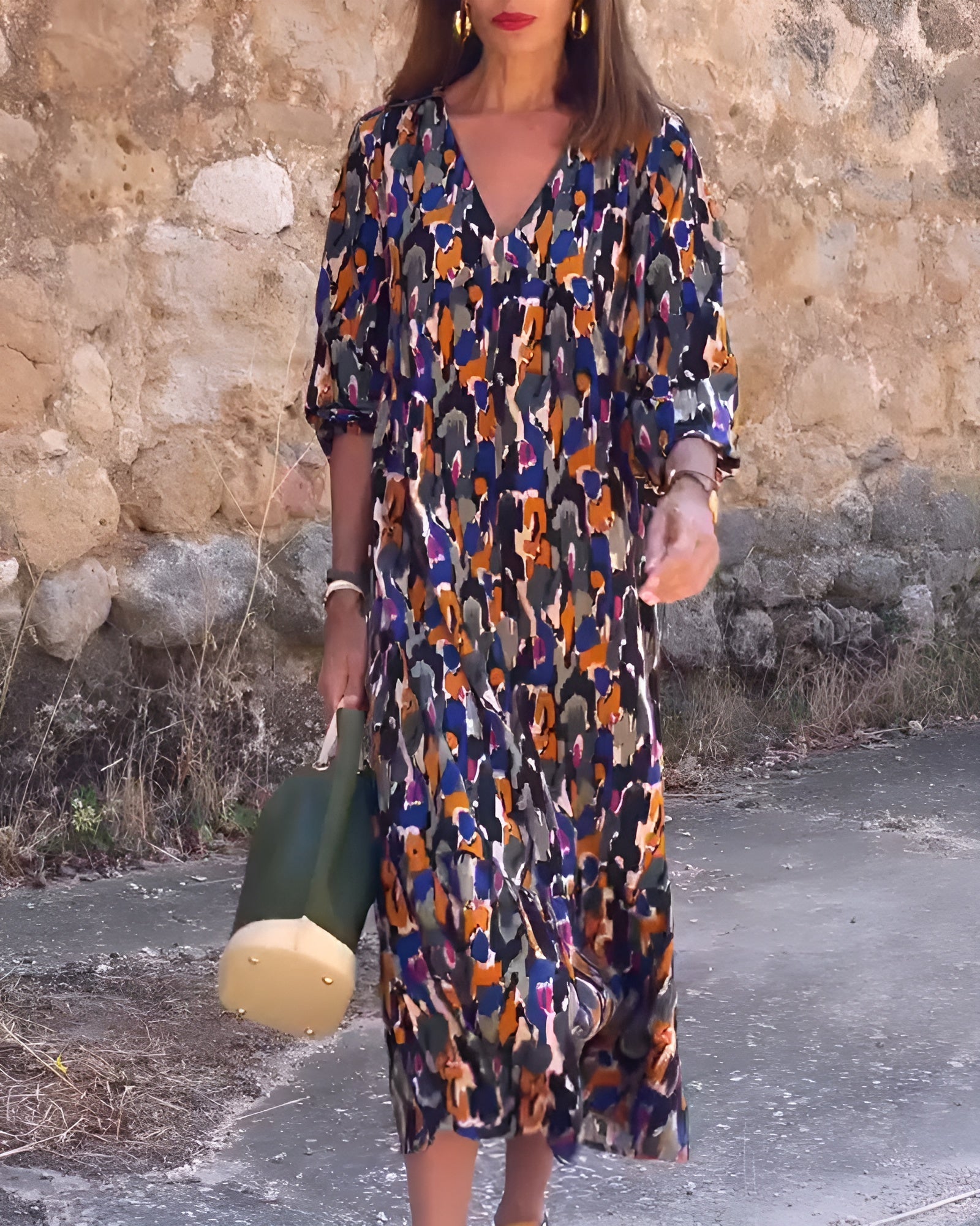 Nathalie | Retro Druck V-Ausschnitt Kleid