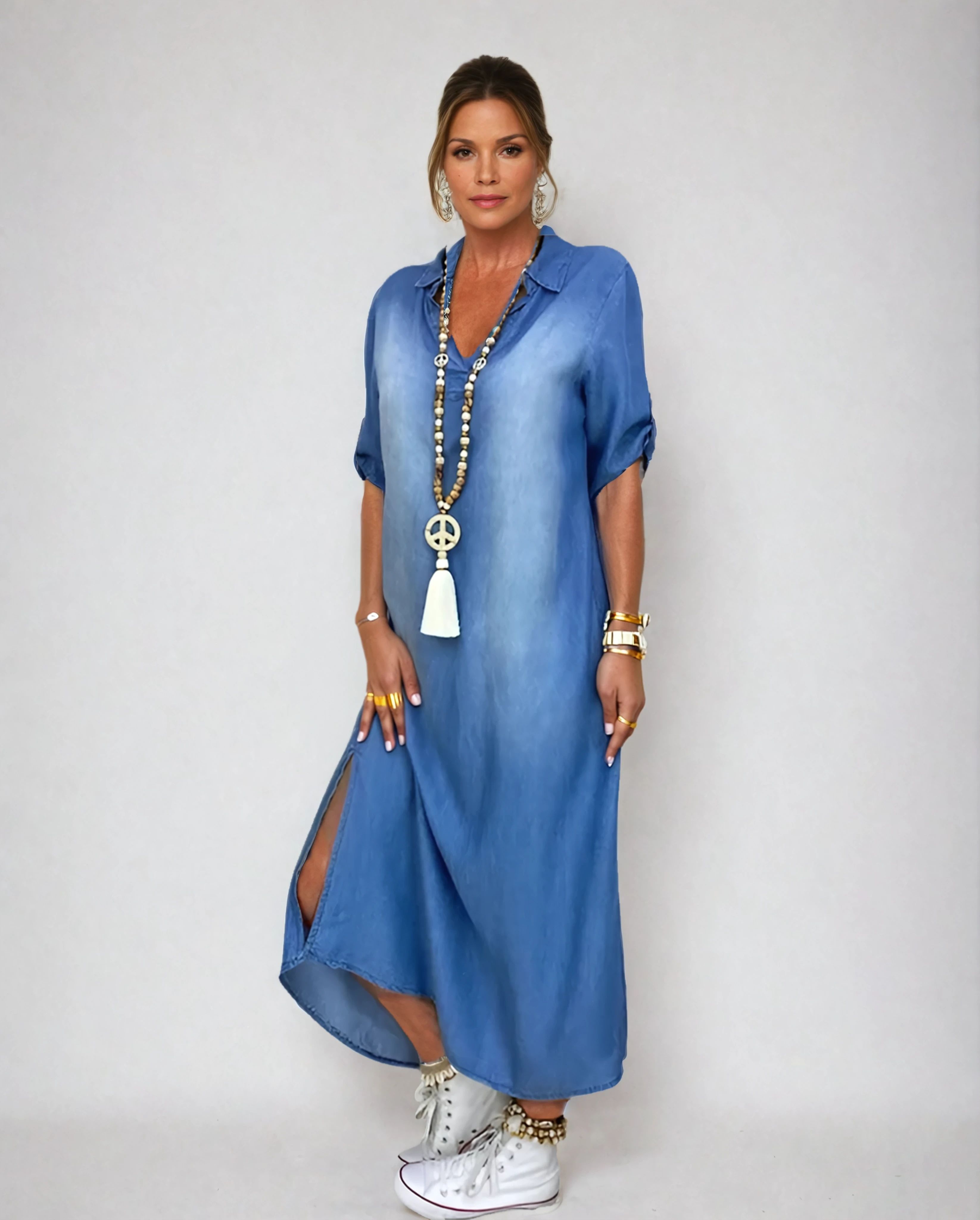 Lea | Langes Kleid im Jeanslook mit Seitenschlitz