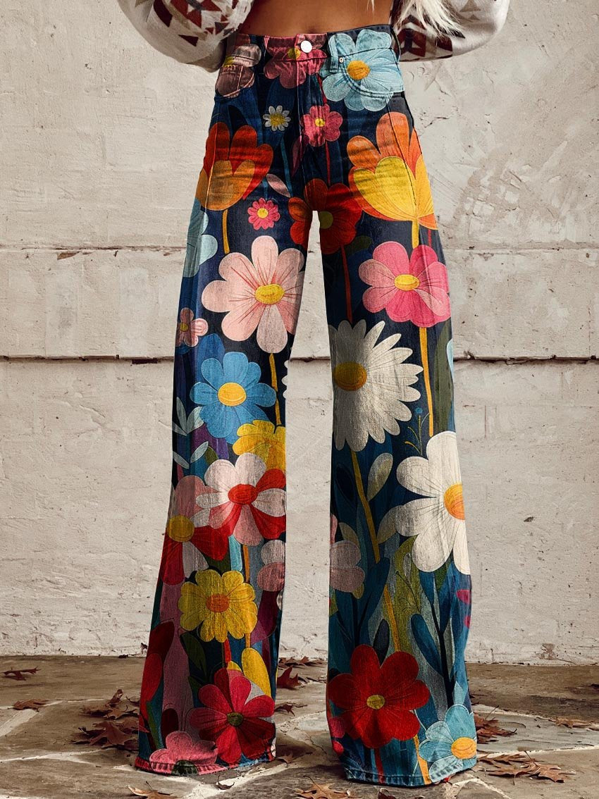 Mohnblume | Retro Garten Weitbeinige Hose